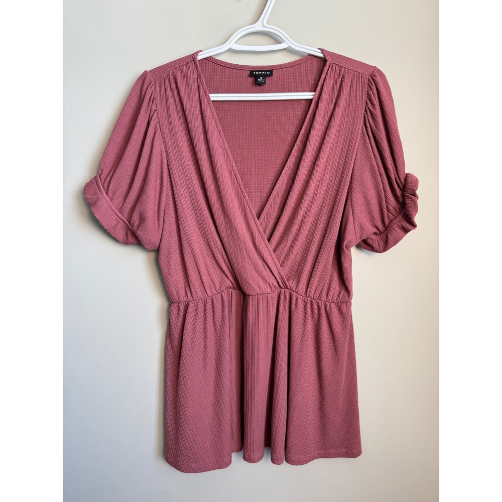 Torrid 0 Faux Wrap‎ Ribbed Knit Peplum Top Puff Sleeve Pink Womens Feminine Boho